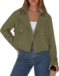 PRETTYGARDEN Cropped Trench Coat For Women Short Jacket  Soft Lightweight Coats, Lapel Double Breasted, Long Sleeve Loose Fit, Casual Work Office Jackets, Fall Winter Outwear