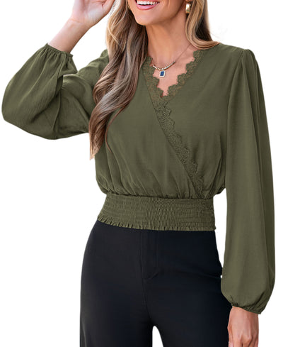 PRETTYGARDEN Women's Business Casual V Neck Wrap Blouse | Lace Trim Soft Crop Tops, Smocked Waist Long Sleeve Shirts, Dressy Casual Office Work Going Out Outfits, Fall Clothes