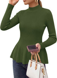 PRETTYGARDEN Womens Fall Mock Neck Long Sleeve Tops Badycon Peplum Sweaters						  Cozy Soft Knit Pullover,Ruffle Hem,Business Casual Work Outfits,2026 Trendy Fall Fashion Clothing,Winter Layering Clothes