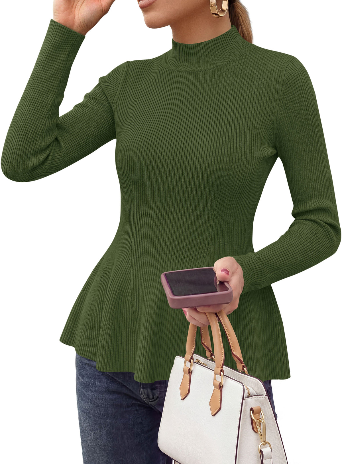 PRETTYGARDEN Womens Fall Mock Neck Long Sleeve Tops Badycon Peplum Sweaters						  Cozy Soft Knit Pullover,Ruffle Hem,Business Casual Work Outfits,2026 Trendy Fall Fashion Clothing,Winter Layering Clothes