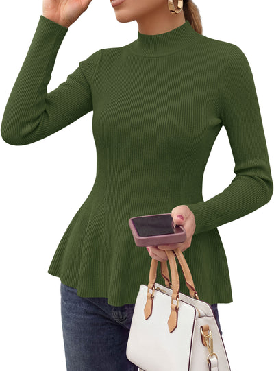 PRETTYGARDEN Womens Fall Mock Neck Long Sleeve Tops Badycon Peplum Sweaters						  Cozy Soft Knit Pullover,Ruffle Hem,Business Casual Work Outfits,2026 Trendy Fall Fashion Clothing,Winter Layering Clothes
