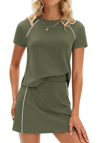 PRETTYGARDEN Women's 2026 Summer 2 Piece Skirt Sets Short Sleeve Shirts Tops Skorts Matching Workout Clothes Travel Outfits