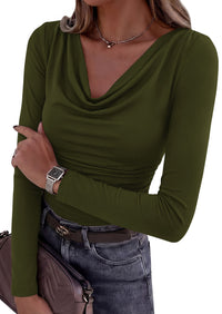 PRETTYGARDEN Women's Long Sleeve Shirts 2026 Fall Outfits Cowl Neck Ruched Slim Fitted Going Out Tops Y2K Fashion Clothing