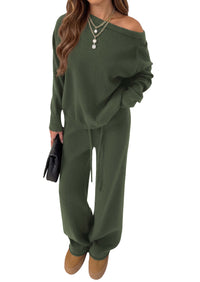 PRETTYGARDEN Lounge Sets Womens Sweaters Two Piece Outfits  Cozy Boat Neck Long Sleeve Tops, Wide Leg Pants with Drawstring, Casual Fall Fashion 2026 Airport & Travel, Knit Matching Set