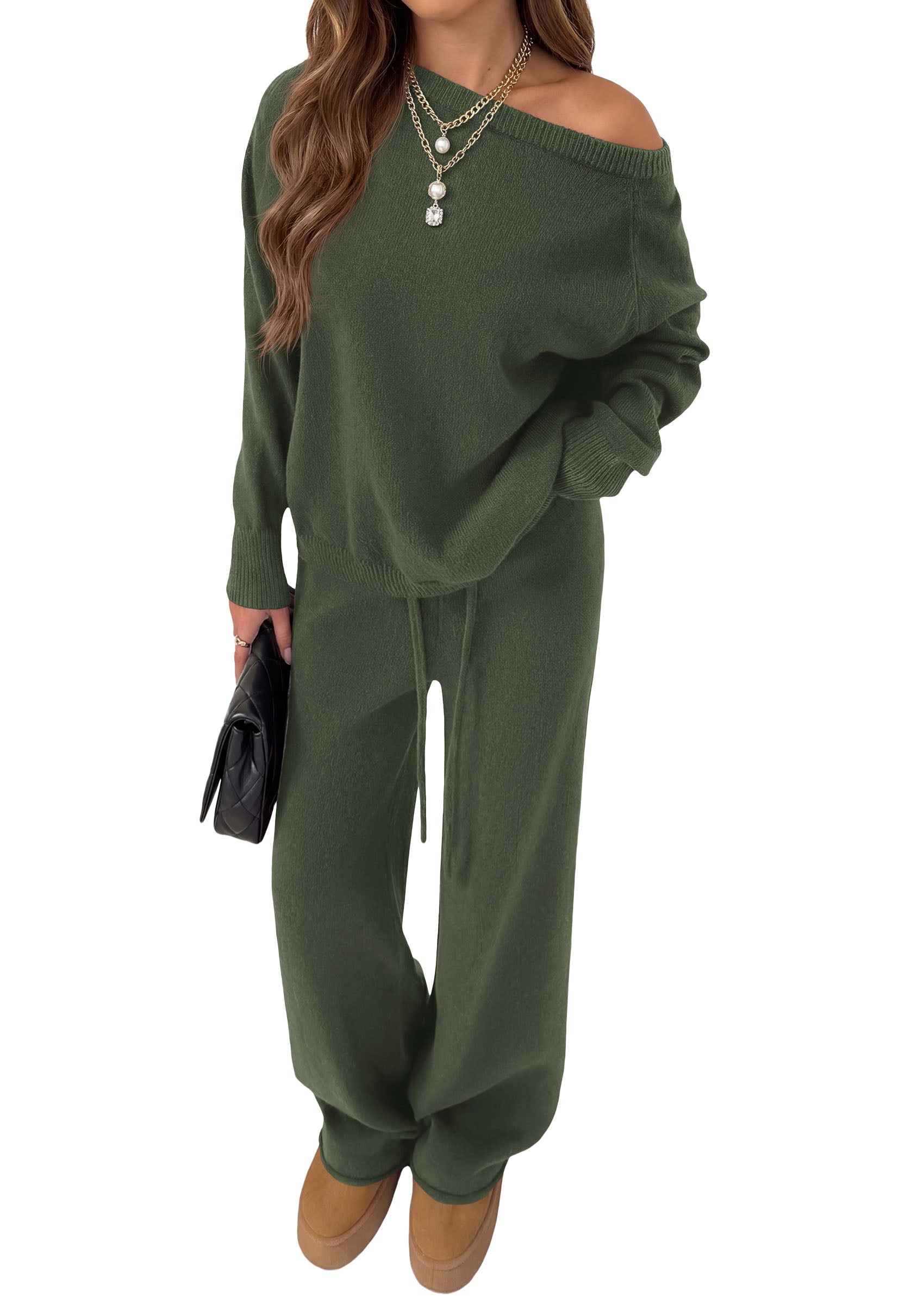 PRETTYGARDEN Lounge Sets Womens Sweaters Two Piece Outfits  Cozy Boat Neck Long Sleeve Tops, Wide Leg Pants with Drawstring, Casual Fall Fashion 2026 Airport & Travel, Knit Matching Set