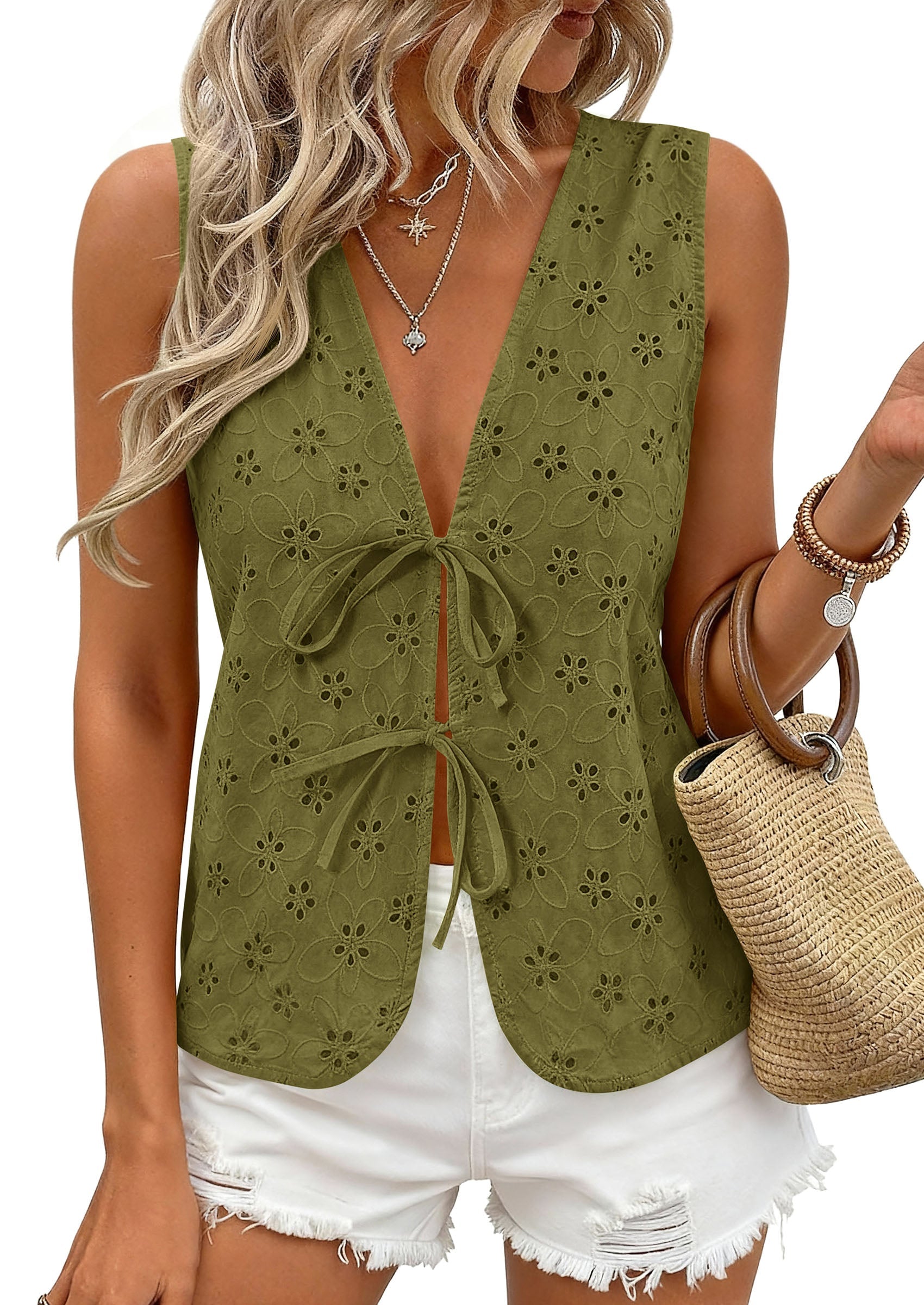 PRETTYGARDEN Women 2026 Summer Tie Front Eyelet Tank Tops Trendy Floral Vest Sleeveless V Neck Dressy Blouse Vacation Outfits PRETTYGARDEN