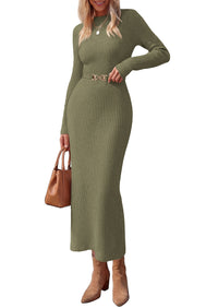 PRETTYGARDEN Women's Long Sleeve Bodycon Maxi Sweater Dress | Stretchy Rib Knit,Metal Buckle Waist,Back Slit,Work Cocktail Holiday Party Outfits,Fall Winter Winter Wedding Guest Dresses
