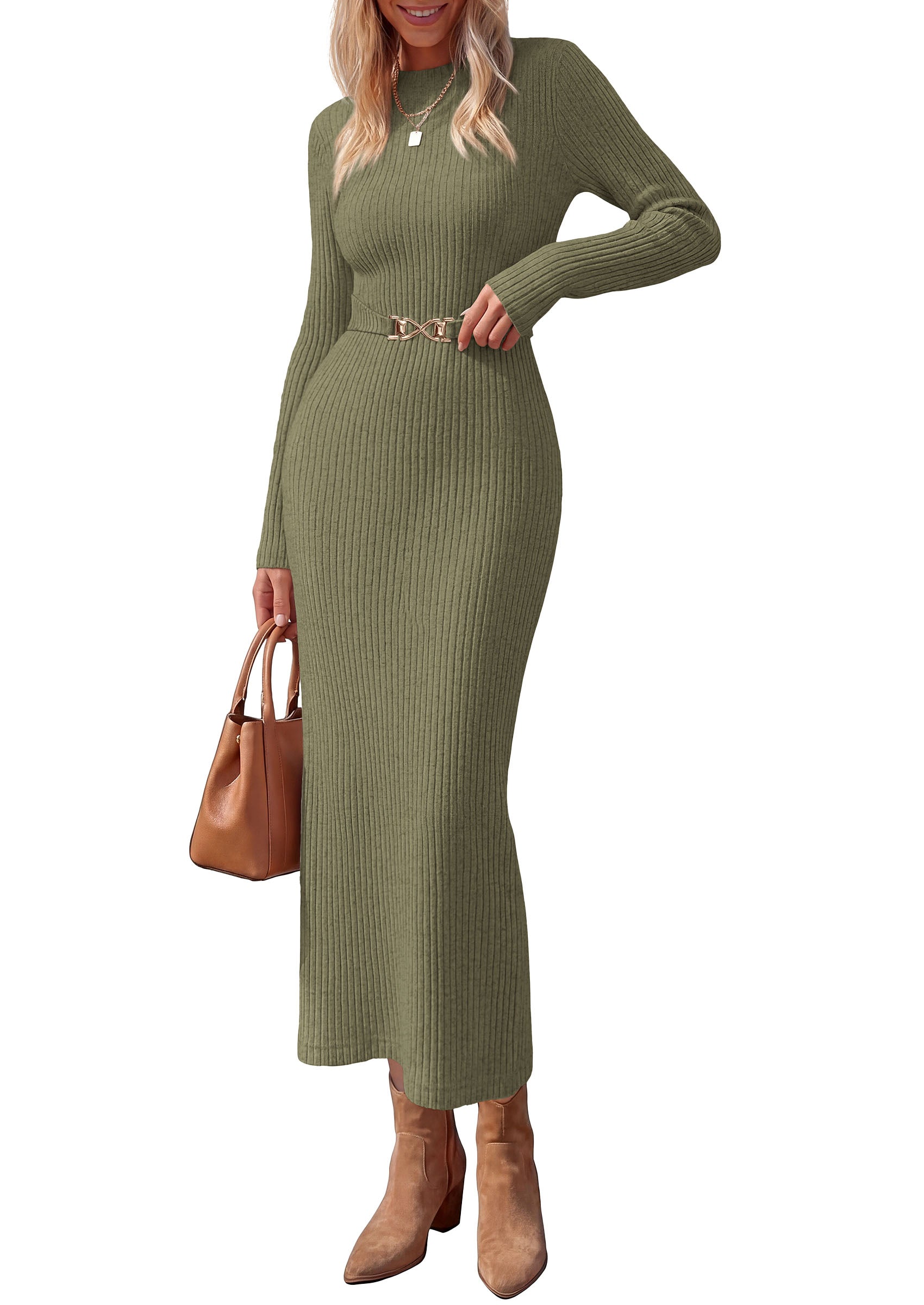 PRETTYGARDEN Women's Long Sleeve Bodycon Maxi Sweater Dress | Stretchy Rib Knit,Metal Buckle Waist,Back Slit,Work Cocktail Holiday Party Outfits,Fall Winter Winter Wedding Guest Dresses