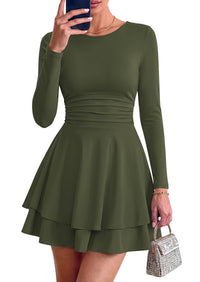PRETTYGARDEN Womens Fit and Flare Crewneck Long Sleeve Mini Dress | Ruched Waist,Tiered Ruffle Hem,Flowy Short Sundress,Party Cocktail Homecoming Dresses,Date Night Semi Formal Cruise Outfits