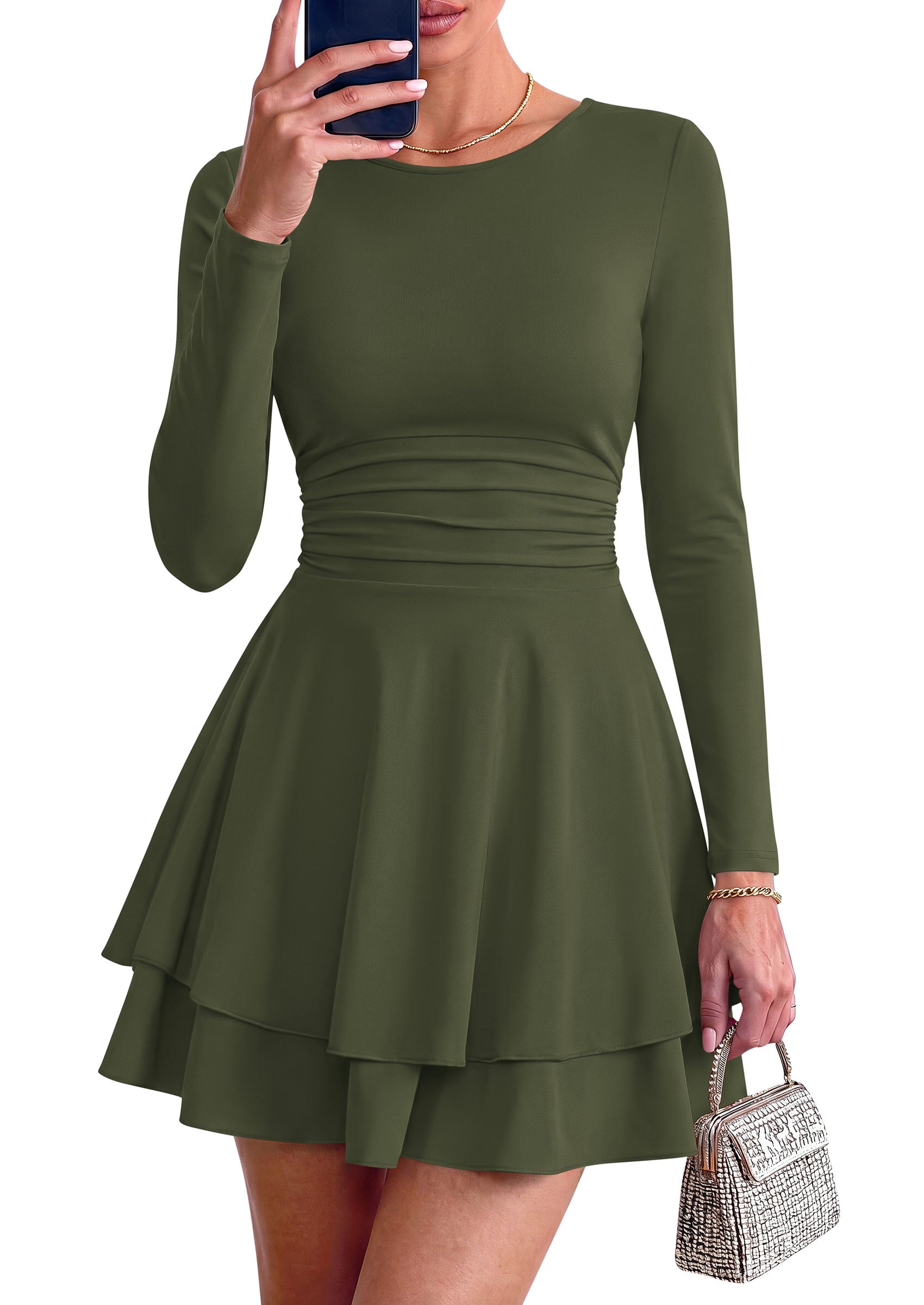 PRETTYGARDEN Womens Fit and Flare Crewneck Long Sleeve Mini Dress | Ruched Waist,Tiered Ruffle Hem,Flowy Short Sundress,Party Cocktail Homecoming Dresses,Date Night Semi Formal Cruise Outfits