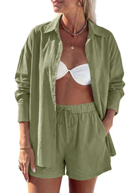PRETTYGARDEN Women's Summer 2 Piece Matching Lounge Sets Pajamas Long Sleeve Shirts Blouse Pockets Shorts 2026 Spring Outfits