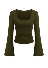 PRETTYGARDEN Womens Long Bell Sleeve Going Out Tops Fall Fashion 2026 Square Neck Ruched Ribbed Shirts Winter Y2K Clothes