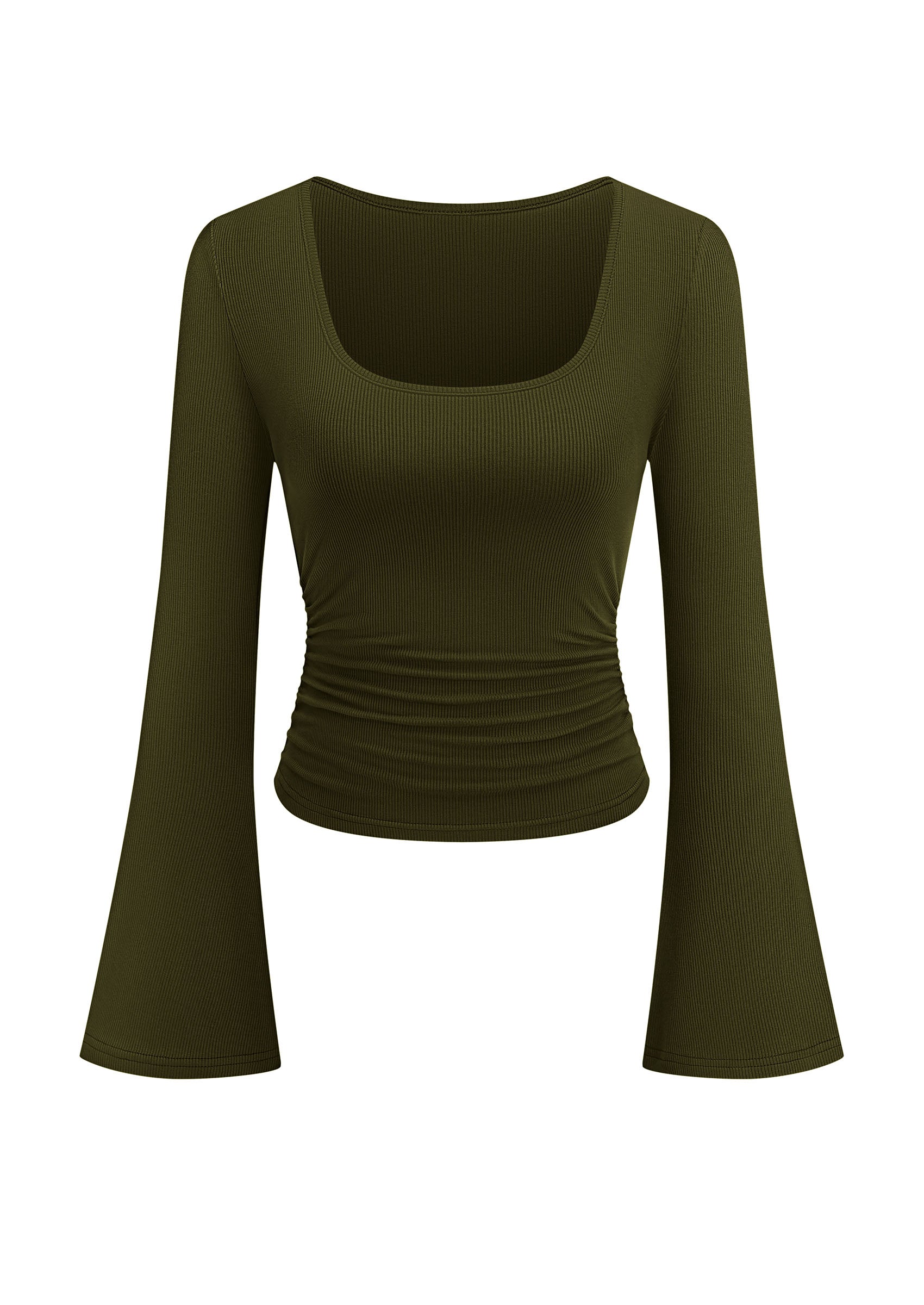 PRETTYGARDEN Womens Long Bell Sleeve Going Out Tops Fall Fashion 2026 Square Neck Ruched Ribbed Shirts Winter Y2K Clothes