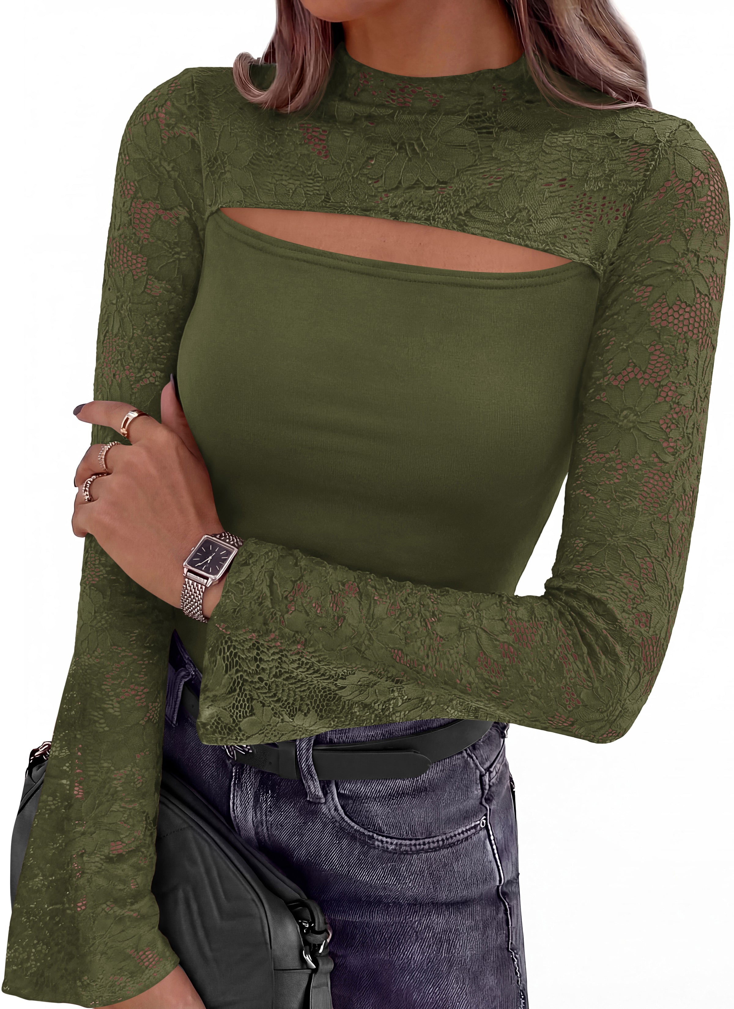 PRETTYGARDEN Womens Tops Fall Sexy Bell Long Sleeve Shirts Cut Out Fitted Y2k Lace Tshirt Ruched Going Out Crop Top 2026