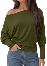 PRETTYGARDEN Womens Off Shoulder Batwing Long Sleeve Shirts | Asymmetrical Off The Shoulder Cinched Waist, Soft Dressy Casual Blouse, Going Out Tops, Transitional Fall & Spring Wear