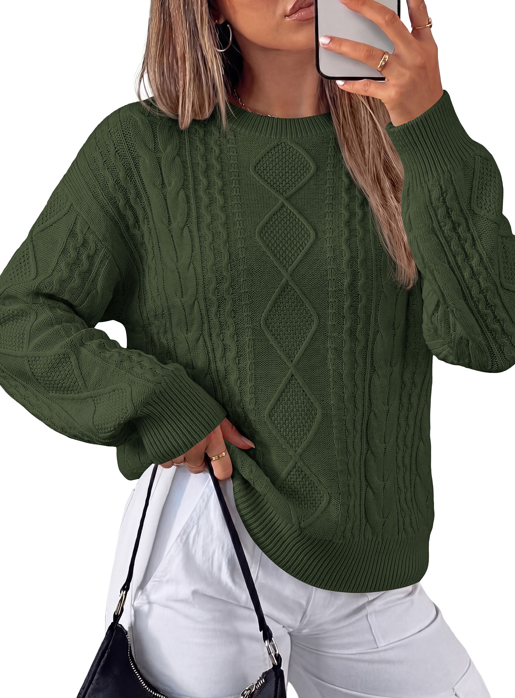 PRETTYGARDEN Womens Cable Knit Sweater Crewneck Pullover | Soft Ribbed Cuffs,Relaxed Fit Long Sleeve Sweaters,Chunky Diamond,Warm Layering,Comfy Daily Wear,Fall Winter Going out Top