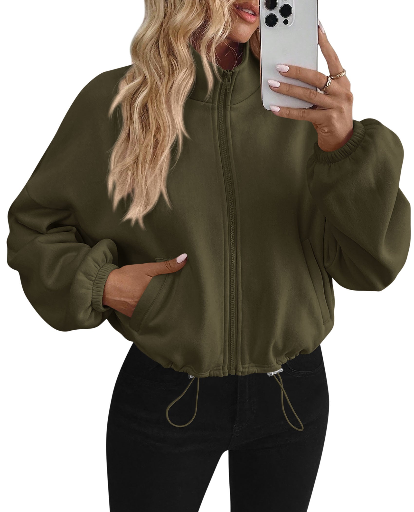 PRETTYGARDEN Womens Zip Up Fleece Cropped Sweatshirt Jacket | Oversized Loose Soft Stand Collar with Drawstring Hem, Long Sleeve Casual Coat With Pockets, Fall Outfits Winter Clothing