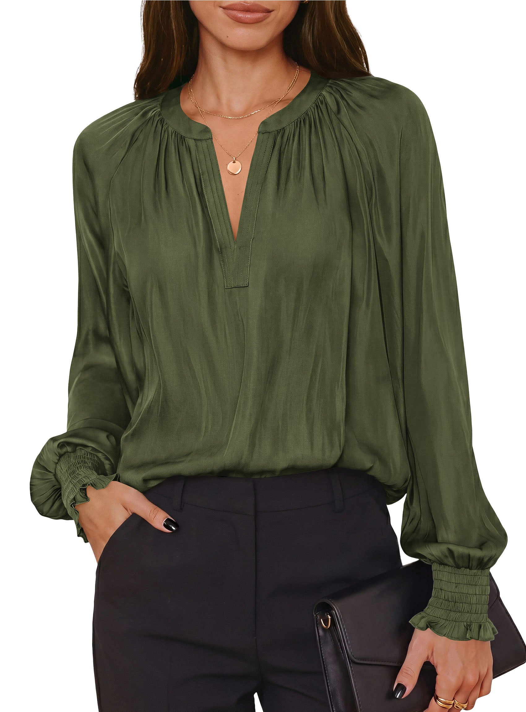 PRETTYGARDEN Women's Satin Blouses V Neck Long Sleeve Tops | Dressy Silk Shirts, Smocked Cuff, Balloon Sleeves, Smooth & Soft, Work Office Wear, Business Casual Outfits, Fall Clothes