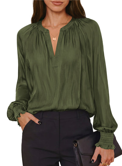 PRETTYGARDEN Women's Satin Blouses V Neck Long Sleeve Tops | Dressy Silk Shirts, Smocked Cuff, Balloon Sleeves, Smooth & Soft, Work Office Wear, Business Casual Outfits, Fall Clothes