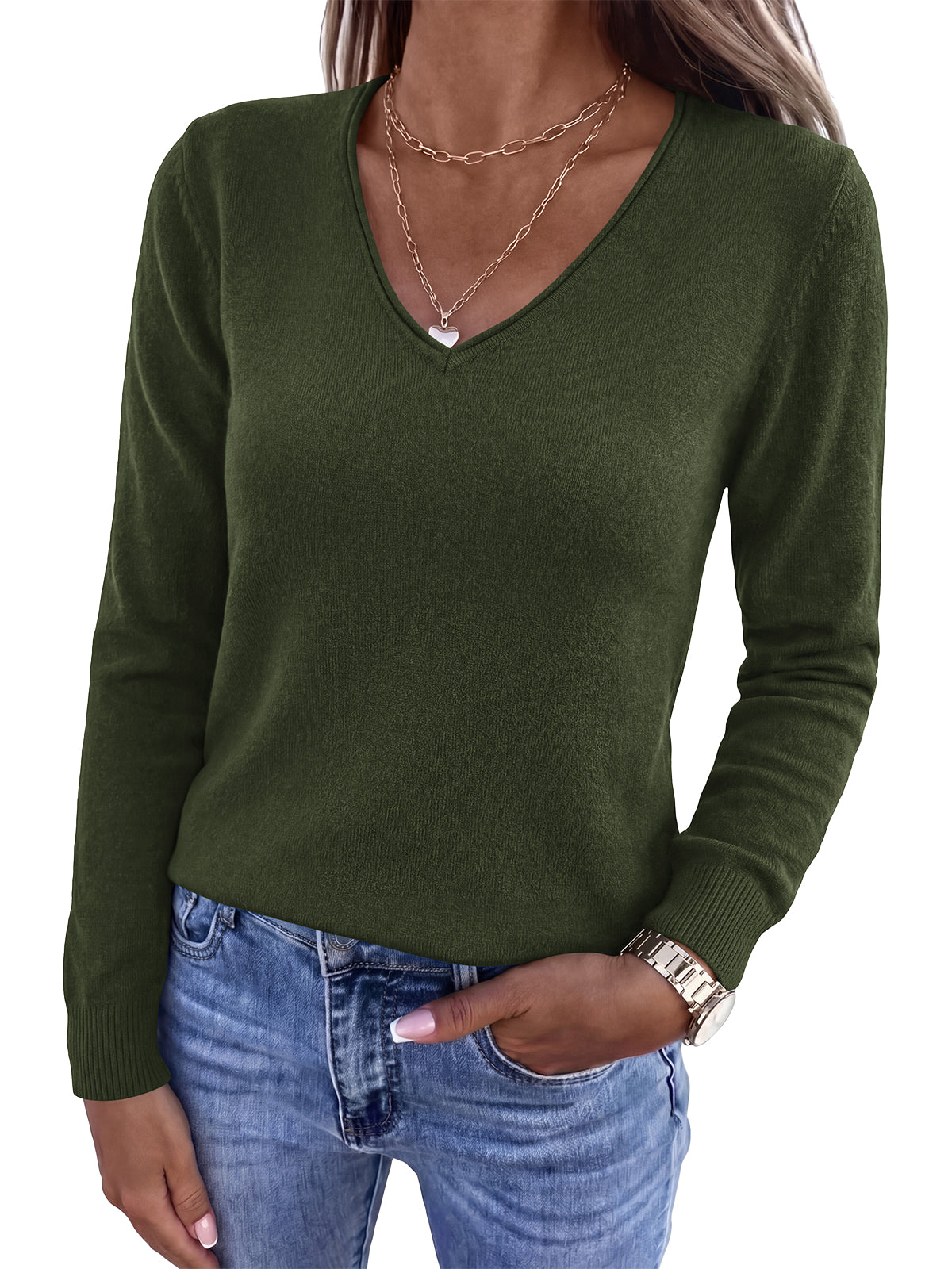 PRETTYGARDEN Womens Long Sleeve Sweaters V Neck Dressy Casual Tops Lightweight Loose Pullover Top, Comfy Ribbed Knit Sweater, Early Fall Fashion Clothing, Business Casual Work Office Outfits