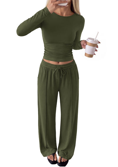 PRETTYGARDEN Women's Matching Lounge Sets 2 Piece Outfits  Boat Neck Long Sleeve Tops, Wide Leg Pants Pockets, Ruched Waist, Travel Airport Resort Wear, Casual Fall Fashion Clothing