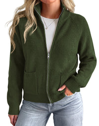 PRETTYGARDEN Womens Zip Up Cardigan Sweaters with Pockets Fall Jackets Stand Collar Long Sleeve Ribbed Knit Sweater, Chunky Loose Fit Open Front Short Cardigans, Fashion Winter Coats Outerwear