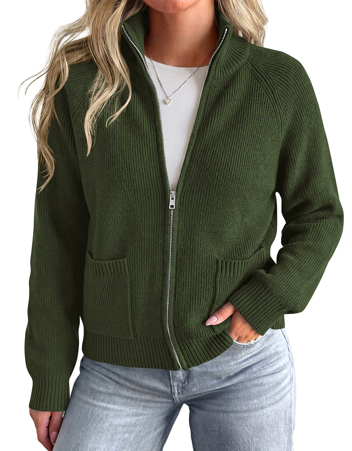 PRETTYGARDEN Womens Zip Up Cardigan Sweaters with Pockets Fall Jackets Stand Collar Long Sleeve Ribbed Knit Sweater, Chunky Loose Fit Open Front Short Cardigans, Fashion Winter Coats Outerwear