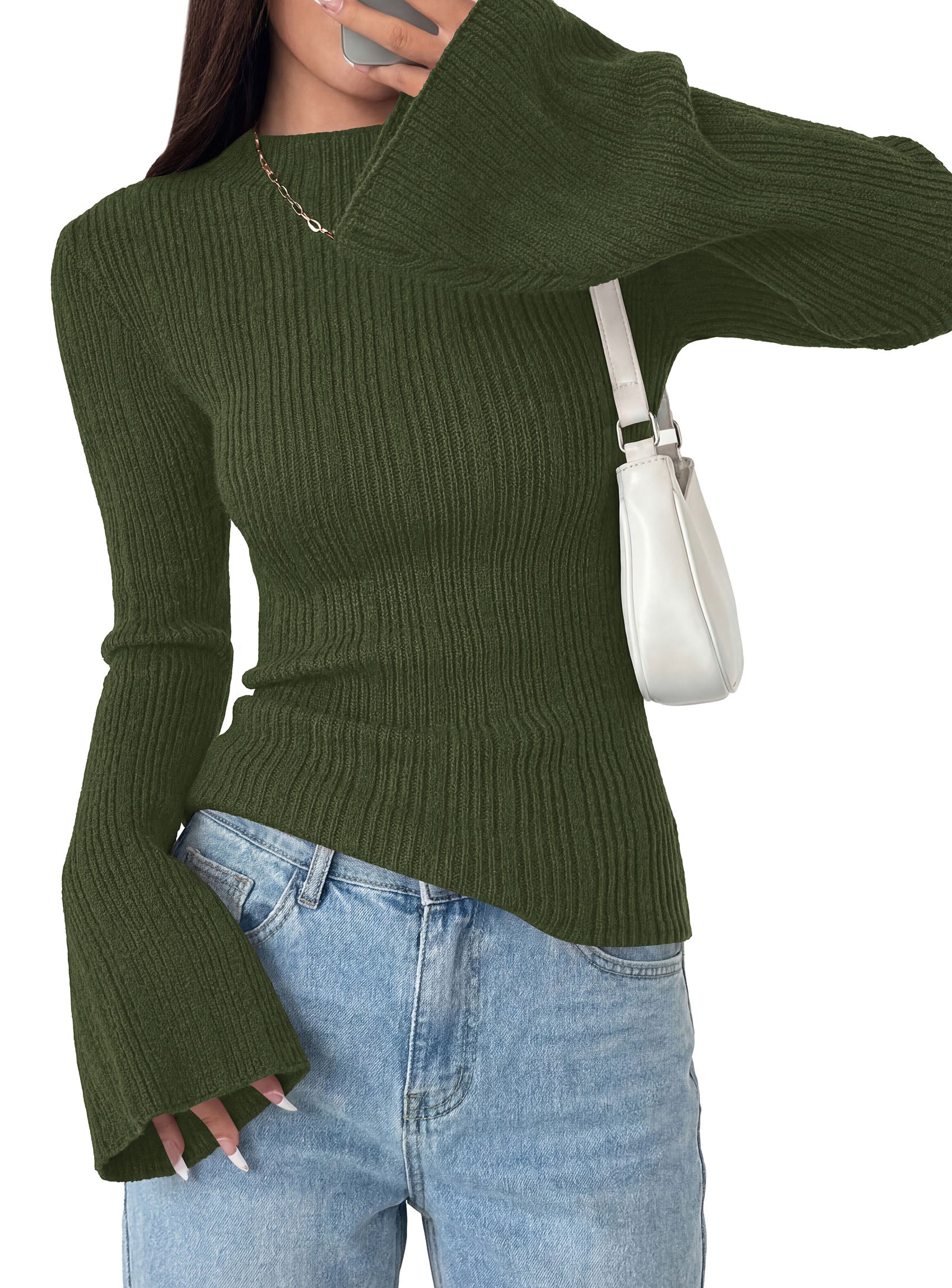 PRETTYGARDEN Sweaters for Women Lightweight Mock Neck Bell Long Sleeve Fitted Tops Ribbed Pullover 2026 Fall Fashion Clothing