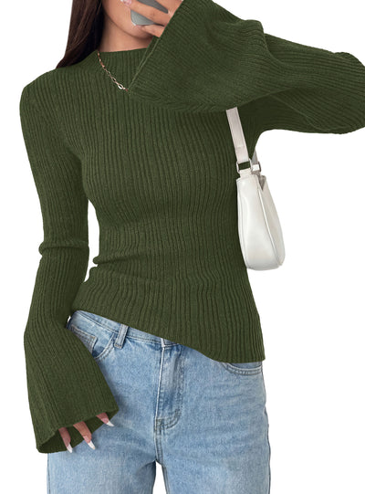 PRETTYGARDEN Sweaters for Women Lightweight Mock Neck Bell Long Sleeve Fitted Tops Ribbed Pullover 2026 Fall Fashion Clothing