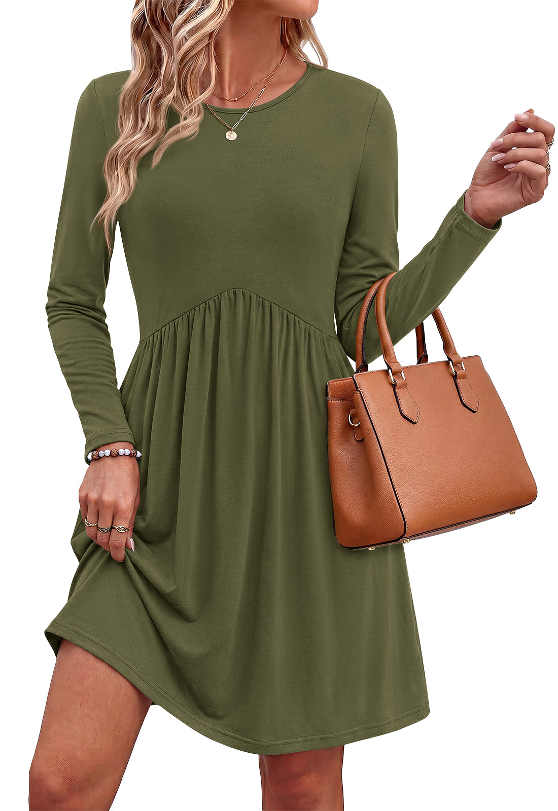 PRETTYGARDEN Womens Long Sleeve Empire Waist Maternity Dress with Pockets Crewnck Flowy A Line Casual Dresses, Above Knee Length, Solid Color & Floral, Baby Shower Outfits, Travel Fashion Clothes