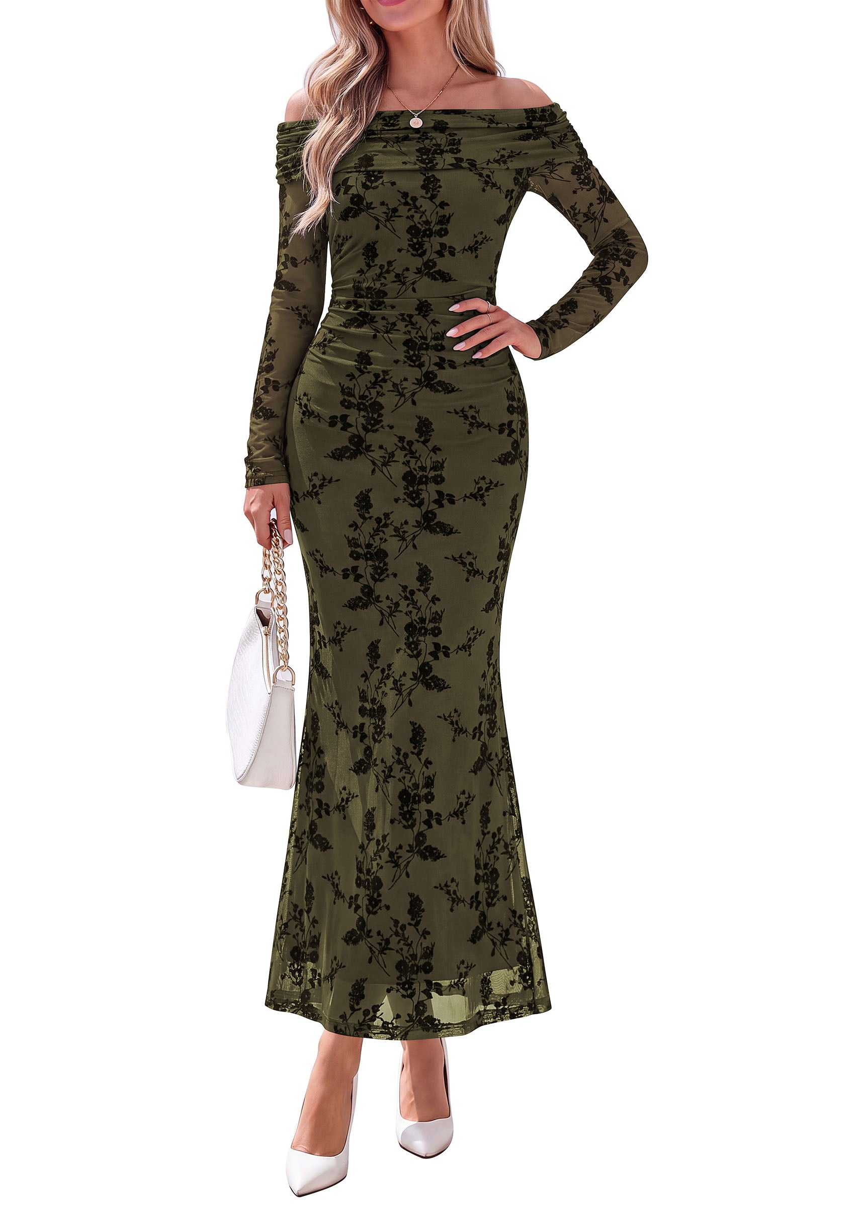 PRETTYGARDEN Womens Off Shoulder Floral Maxi Wedding Guest Dress  Mesh Slim Fit,Elegant Bodycon,Formal Party Cocktail Dress,Bridal Shower Baby Shower,Date Night Outfits,Vacation Long Dresses