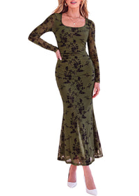 PRETTYGARDEN Women's Long Sleeve Floral Maxi Bodycon Dress  Cocktail Dresses for Wedding Guest, Square Neck, Stretchy Mesh, Elegant Classy, Formal Holiday Party, Fall Date Night Outfits