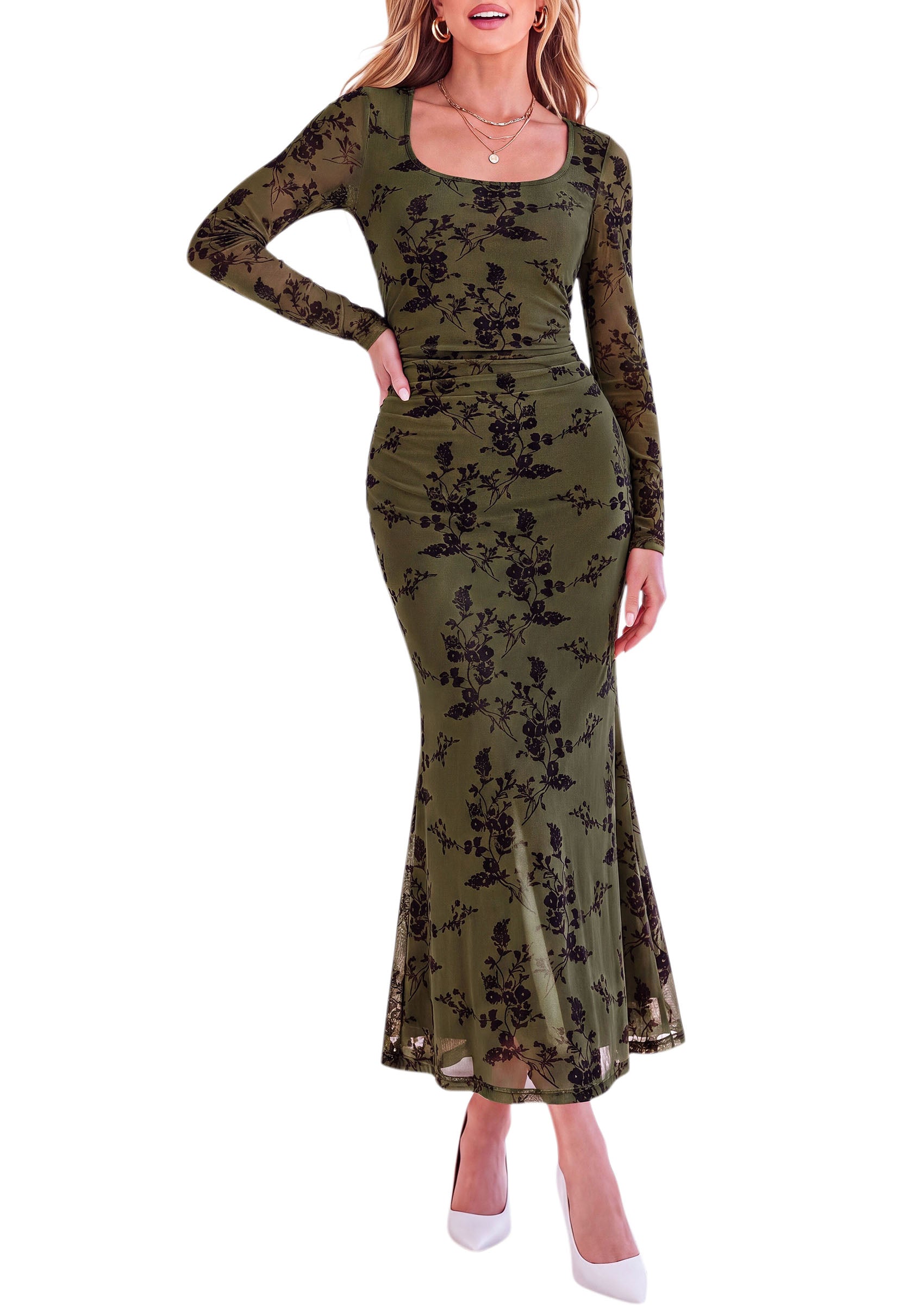 PRETTYGARDEN Women's Long Sleeve Floral Maxi Bodycon Dress  Cocktail Dresses for Wedding Guest, Square Neck, Stretchy Mesh, Elegant Classy, Formal Holiday Party, Fall Date Night Outfits