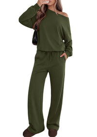 PRETTYGARDEN Womens 2 Piece Casual Matching Lounge Sets  Fashion Off the Shoulder Sweatshirt, Wide Leg Pants with Pockets, Comfy Airport Travel Outfit, 2026 Trendy Fall Set