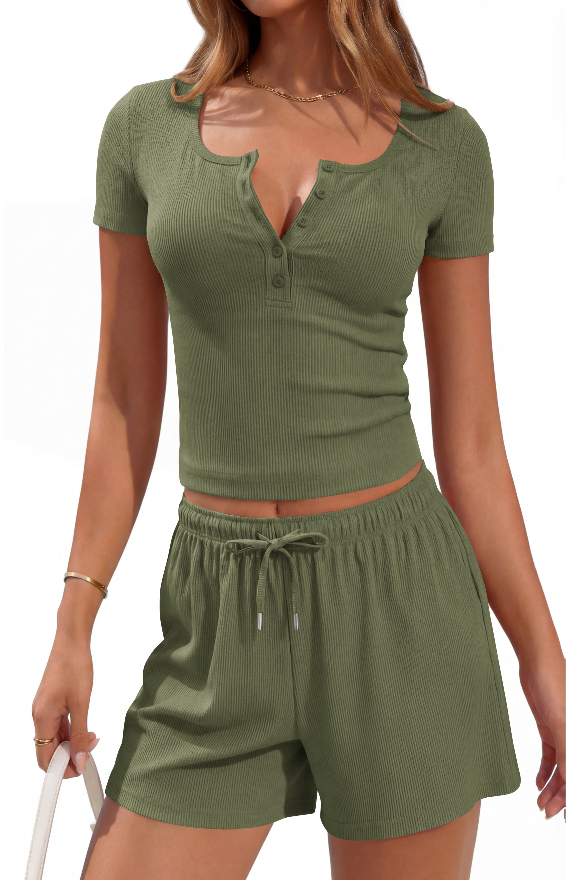 PRETTYGARDEN 2 Piece Sets For Women Summer Short Sleeve Button Up Shirts Drawstring Elastic Waist Shorts Lounge Set 2026 PRETTYGARDEN