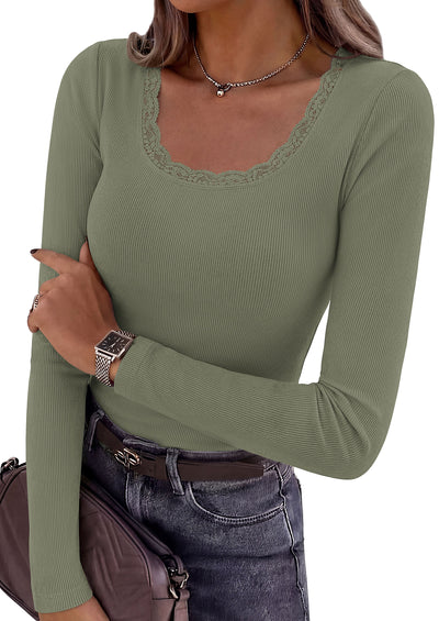 PRETTYGARDEN Womens Long Sleeve Tops Casual Fall Fashion 2026 Lace Square Neck Fitted Ribbed Knit Tee Shirts Winter Clothing