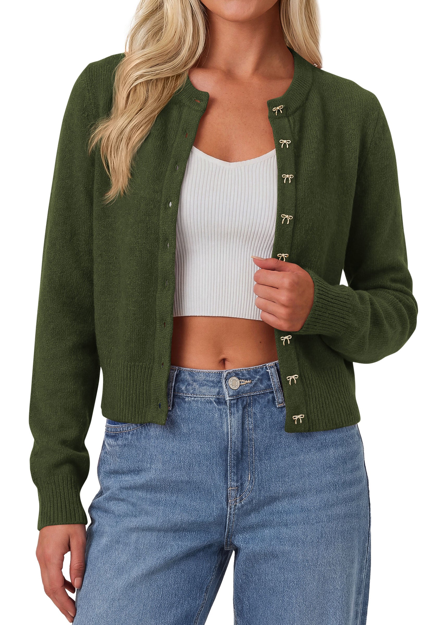 PRETTYGARDEN Womens Cropped Button Up Knit Cardigan Sweater | Cute Crewneck Long Sleeve Lightweight Tops, 2026 Fall Trendy Slim Fit Soft Cozy Casual Cardigans, Holiday Party Sweaters