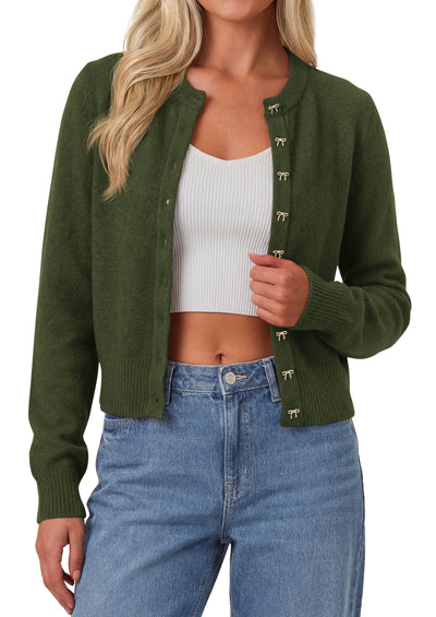 PRETTYGARDEN Womens Cropped Button Up Knit Cardigan Sweater | Cute Crewneck Long Sleeve Lightweight Tops, 2026 Fall Trendy Slim Fit Soft Cozy Casual Cardigans, Holiday Party Sweaters