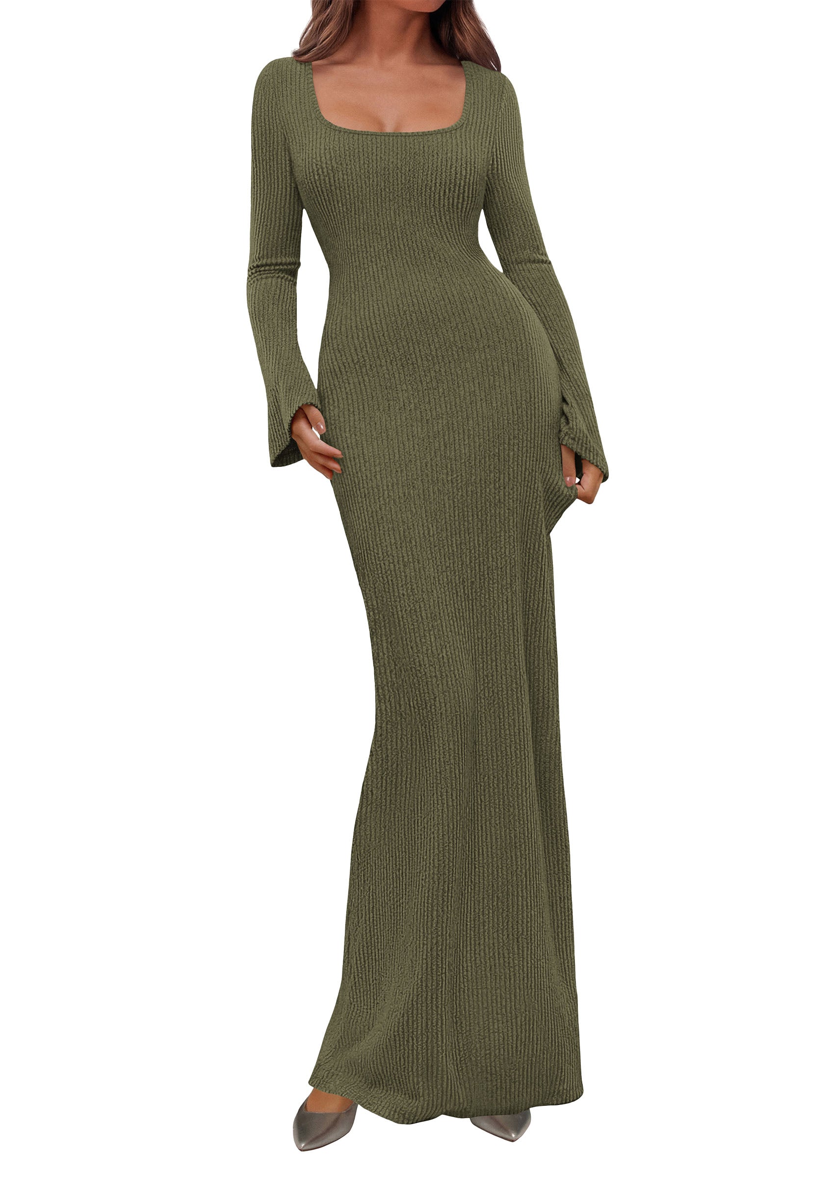 PRETTYGARDEN Women's Fall Long Sleeve Maxi Bodycon Dresses | Soft Stretchy Ribbed Knit, Bell Sleeve Square Neck Mermaid, Elegant Long Dress, Wedding Guest Party, 2026 Winter Clothing