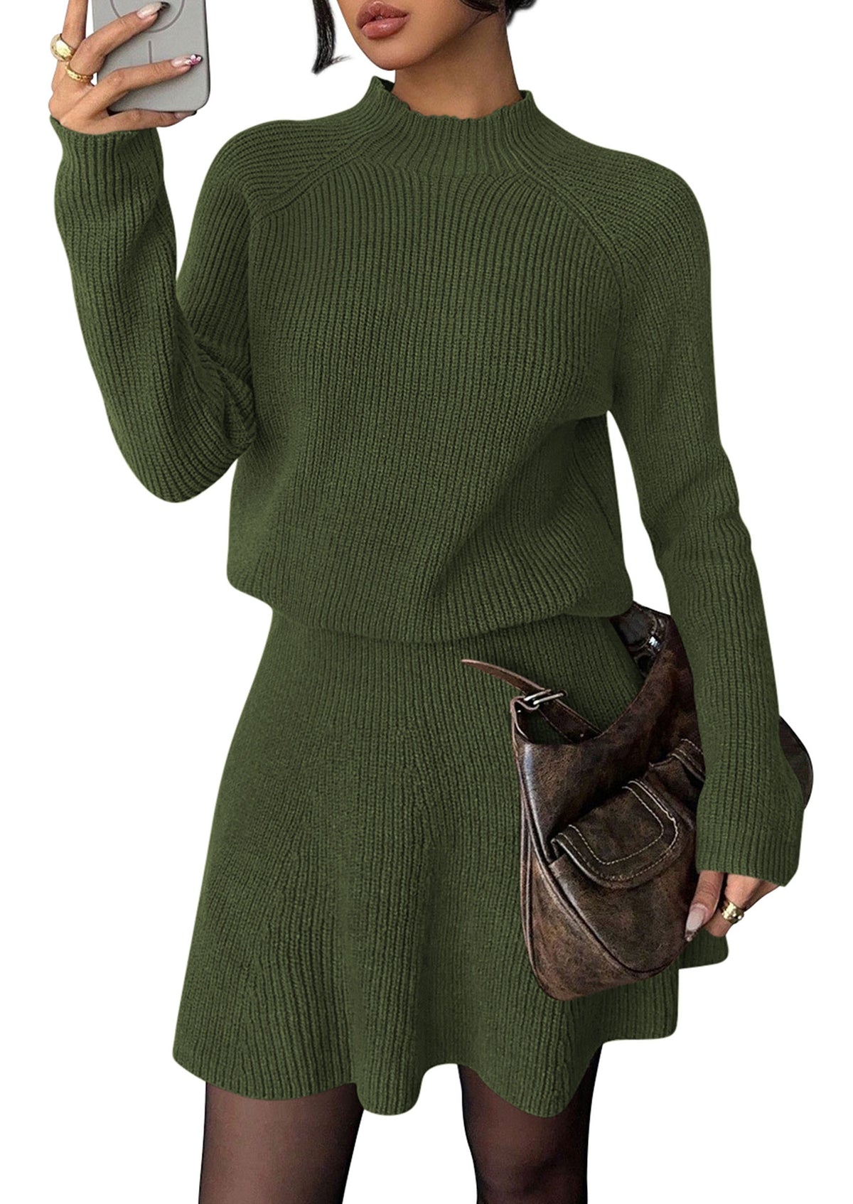 PRETTYGARDEN Women's Fall 2 Piece Outfits Matching Sweater Skirt Sets  Cozy Ribbed Knit, Raglan Long Sleeve, Crewneck Pullover, Elastic Waist A Line, Mini Short Skirts, Holiday Winter Clothing