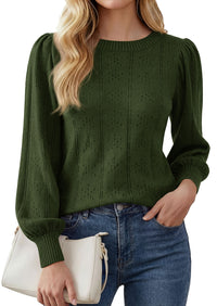 PRETTYGARDEN Women Fall Fashion Hollow Out Holiday Sweaters | Stretchy Cozy Knit, Puff Long Sleeve Pullover Tops, Crewneck Loose Fit, Dressy Casual Blouse, Trendy Winter Going Out Outfits