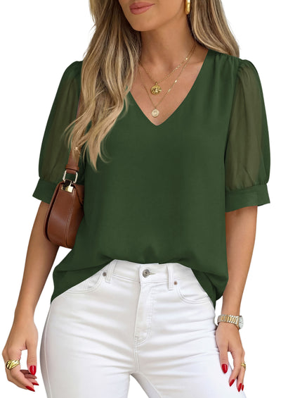 PRETTYGARDEN Womens Tops Dressy Casual Puff Sleeve Chiffon Blouses V Neck Business Work Shirts 2026 Summer Fashion Clothing