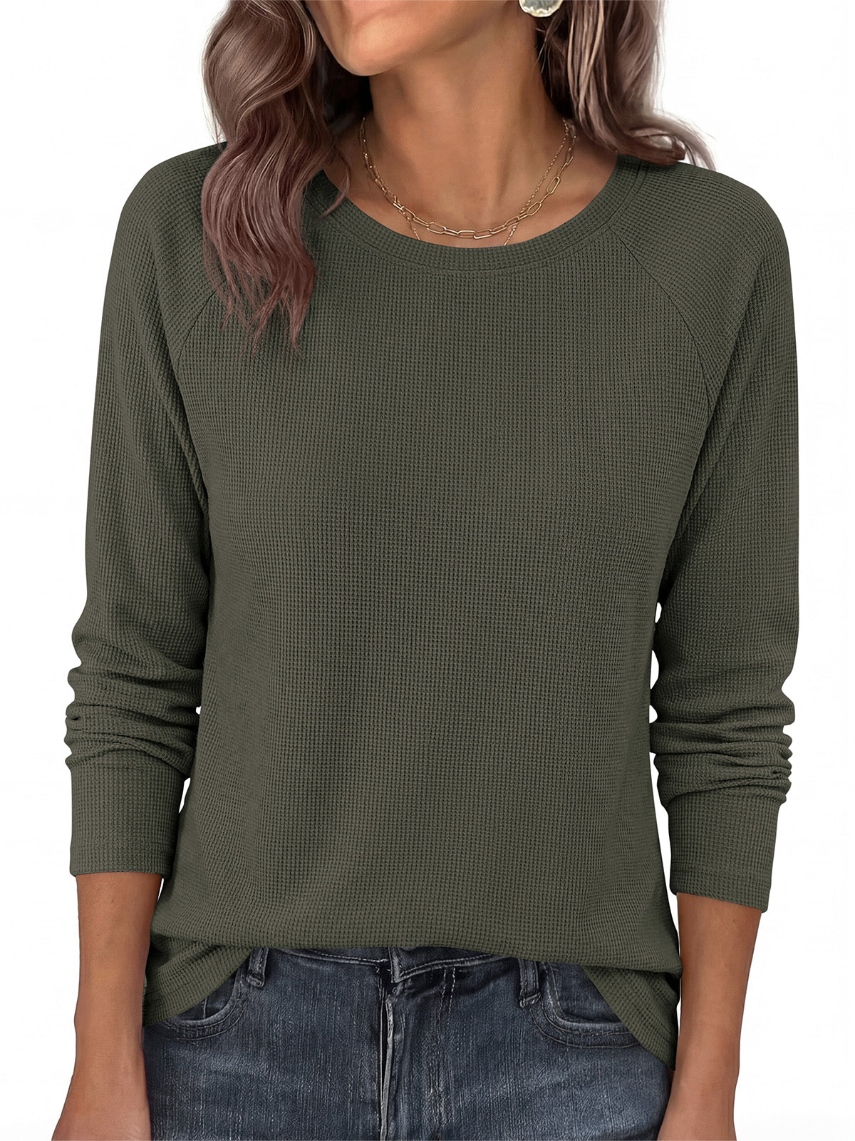 PRETTYGARDEN Womens Long Sleeve Shirts Waffle Knit Lightweight Fall Tops | Crewneck Loose Fit Curvy Hem Pullover Top, Soft Comfy Cute Tee Shirt, Dressy Casual Office Work Outfits, Fashion Clothing