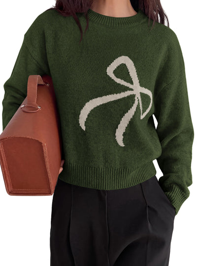 PRETTYGARDEN Womens Bow Sweater Cute Crewneck Long Sleeve Tops Fall Outfits  Soft Cozy Knit Pullover,Relaxed Fit,Holiday Sweaters,Daily Wear,Work Office,Casual Going Out Y2k Tops,Winter Fashion Clothing
