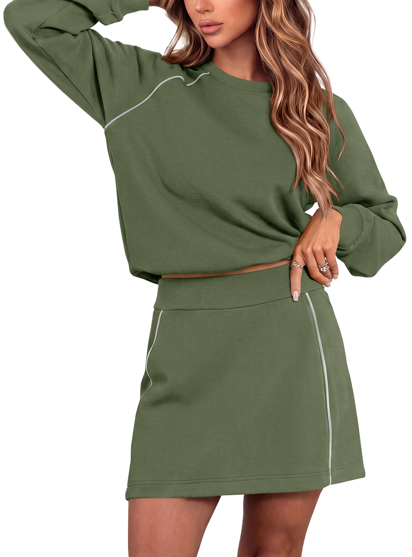 PRETTYGARDEN Women's Two Piece Outfits Matching Skirt Sets | Color Block Long Sleeve Top Sweatshirt, Mini Short Skirts, Elastic Waist Skorts Pocket, 2pc Workout Set, Fall Fashion Clothes