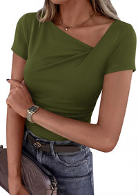PRETTYGARDEN Women's 2026 Summer Asymmetrical Y2K Tops Trendy Ribbed Short Sleeve Fitted Tee Shirts Spring Fashion Clothing