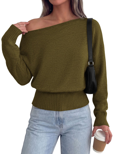 PRETTYGARDEN Womens Off The Shoulder Sweater Fall Fashion | Soft Stretchy Knit Fabric, Batwing Long Sleeve Cinched Waist Cropped Sweaters, Date Night Outfit, Asymmetrical Going Out Tops