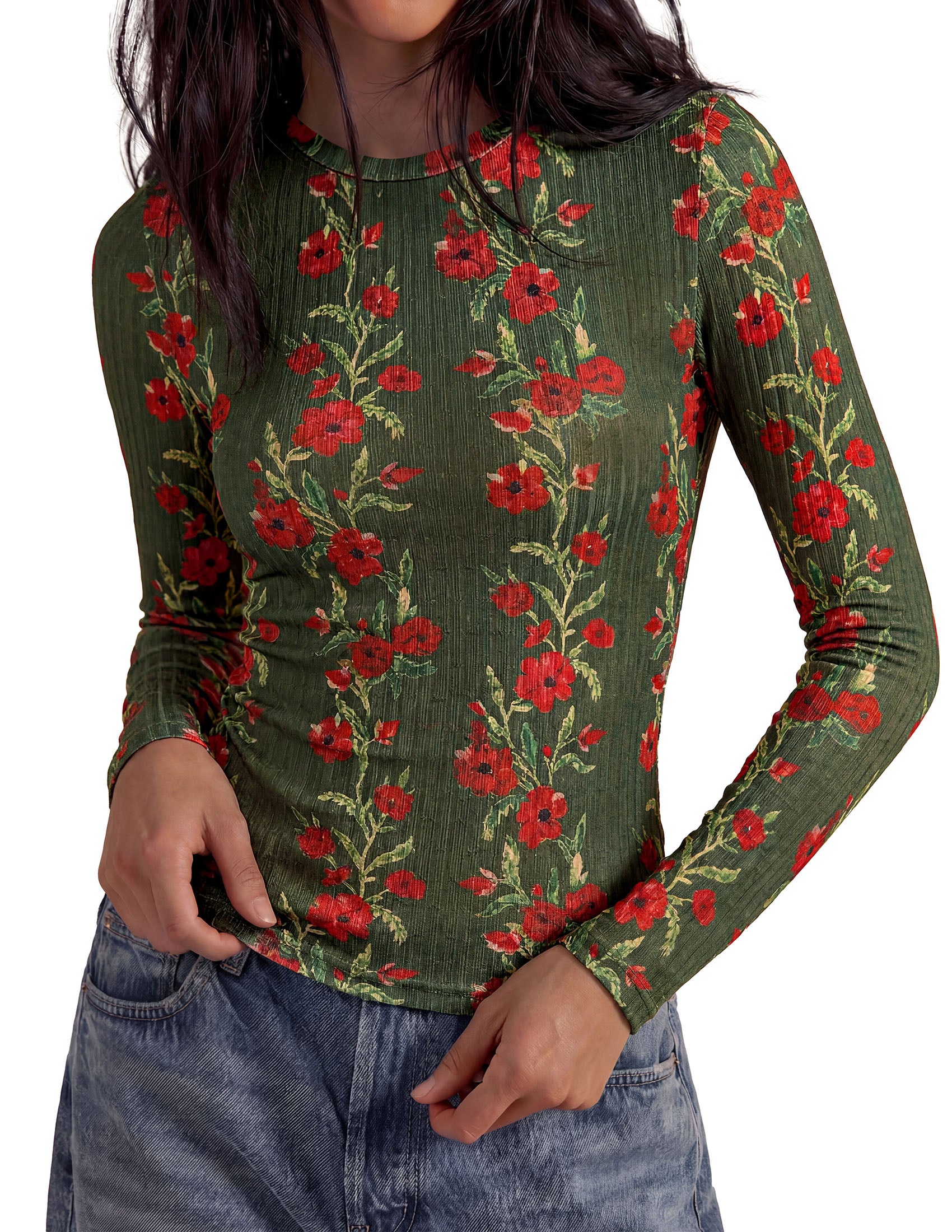 PRETTYGARDEN Womens Long Sleeve Shirts Floral Y2K Tops | Soft Lightweight Ribbed Knit Top,Fitted Waist,Crew Neck Slim Fit,Going Out Vacation Outfits,Layering Fall Winter Clothes