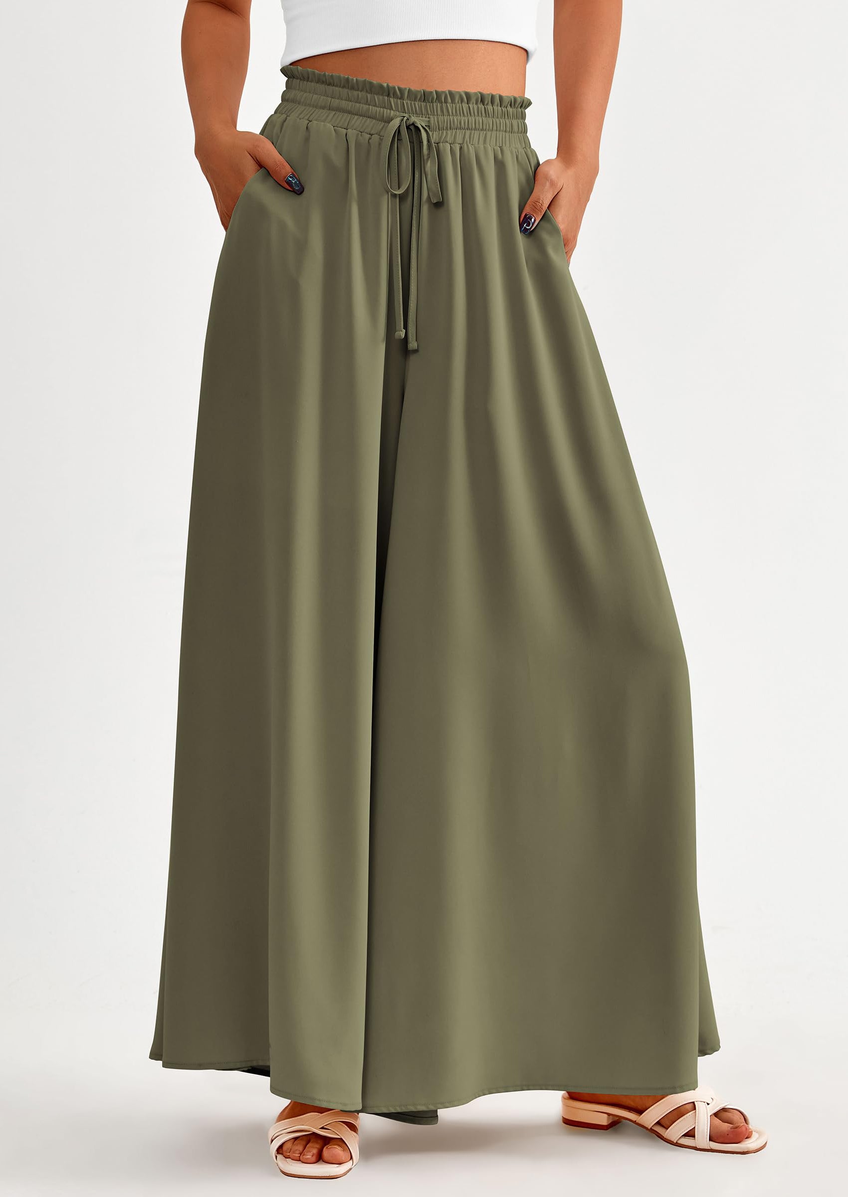 PRETTYGARDEN Women's Summer Wide Leg Palazzo Pants High Waisted Flowy Pockets Trendy Casual Lounge Boho Beach Trousers