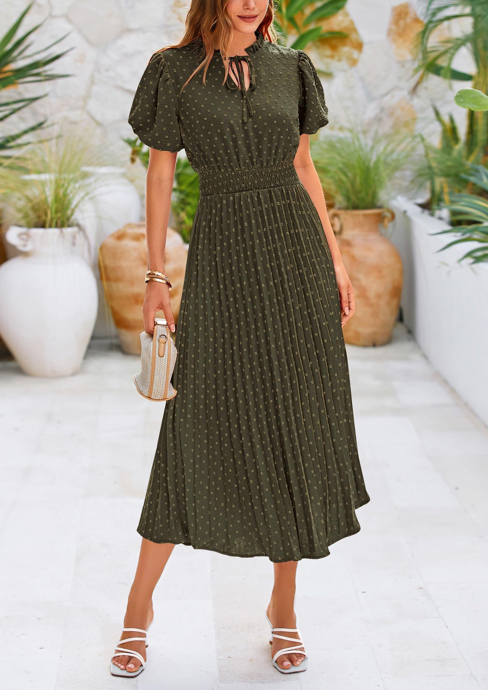 PRETTYGARDEN Womens Midi Dresses Puff Short Sleeve V Neck Swiss Dot Pleated A Line Flowy Long Wedding Guest Dress